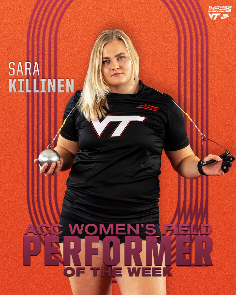 HokiesTFXC's tweet photo. 𝗥𝗮𝗻𝗸𝗲𝗱 𝟰𝘁𝗵 𝗶𝗻 𝘁𝗵𝗲 𝗡𝗮𝘁𝗶𝗼𝗻
🤩 Congratulations to Sara Killinen, ACC Co-Field Performer of the Week! 

Hammer Throw - 67.93m 
📰https://t.co/bRlzCR4ZQ0
#Hokies 💪 https://t.co/jbGgoDepQf