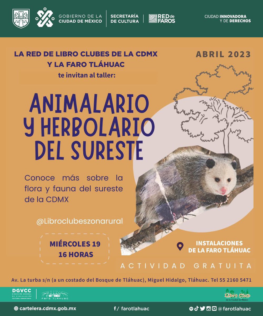 farotlahuac's tweet photo. #farotláhuac y la RED de libro clubes de la #CDMX te invitan al TALLER
“Animalario y herbolario del sureste”
🗓️Miércoles 19 de abril
⏰16 horas
¡¡NO FALTES!!
#animalario #herbolario #taller #libroclubes https://t.co/7O8046TYFP