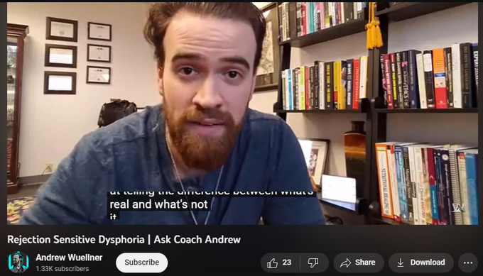 452 views  27 Jan 2020  #Stoicism #Mindset #BusinessCoaching
We have another question from a friend today, who suffers from Rejection Sensitive Dysphoria - a condition characterized by hyper-sensitivity to criticism, rejection, and conflict. He asks me what my best advice for dealing with criticism and conflict is.

I'll talk about how evolution/natural law can teach us about human nature and help us accept the role we all play, I'll talk about how people make errors and explain why practicing more empathy and detaching from your ego can help you accept and handle criticism and rejection, and I'll also explain why people-pleasing is ultimately a game that you cannot win.

Whether you're hoping to handle criticism better, deal with haters or online trolls, or fix bad relationships, I hope this advice was helpful for all of you who watched!

#RejectionSensitiveDysphoria #Criticism #Stoicism

========================================­=====

 |  |  | COACH ANDREW'S LINKS |  |  | 
►Link Tree