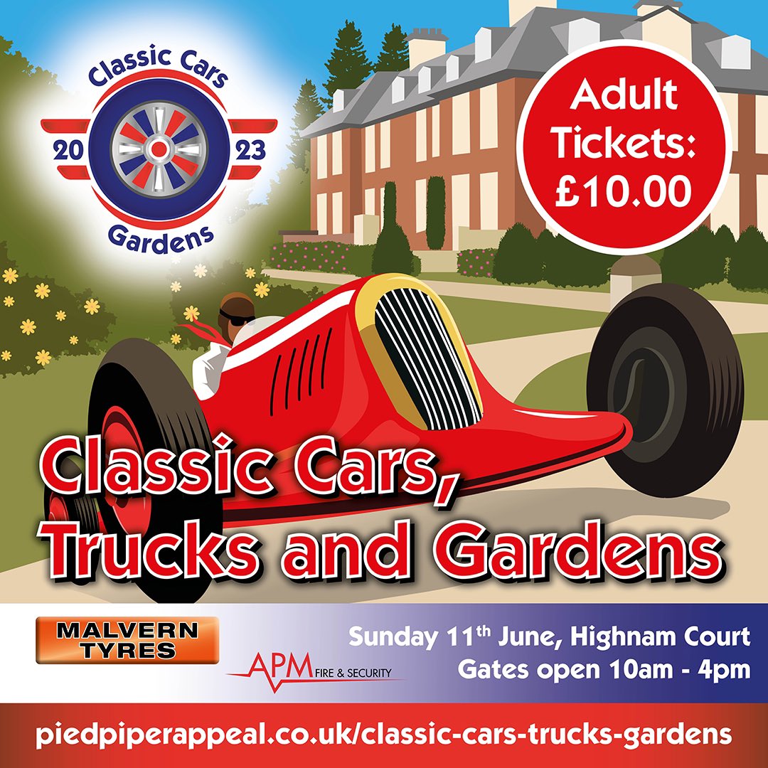 It’s back - our one day Classic Car Show with Trucks & Beautiful Gardens Book online to beat the queue on our website piedpiperappeal.co.uk Fun for the family Bar & food stands Steam train trips Afternoon tea & Ice lollies @PunchlineGlos @apmfiresecurity @Malvern_Tyres