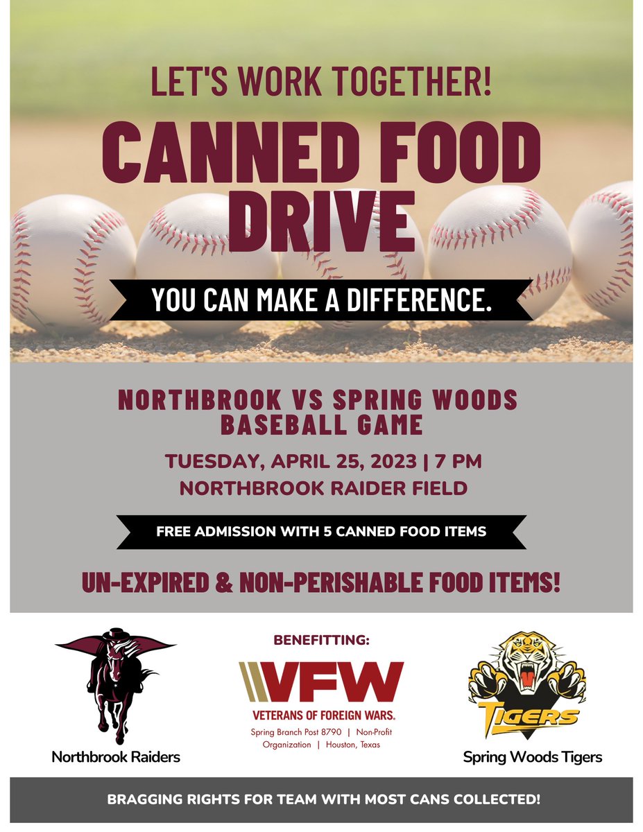 RaidersBooster's tweet photo. Raiders - We are ONE week away from this event. If you cannot make it to the baseball game with your items, you may drop off at the front office or drop off at any of the grade level offices @northbrookhigh! https://t.co/j4vuoBy1D3