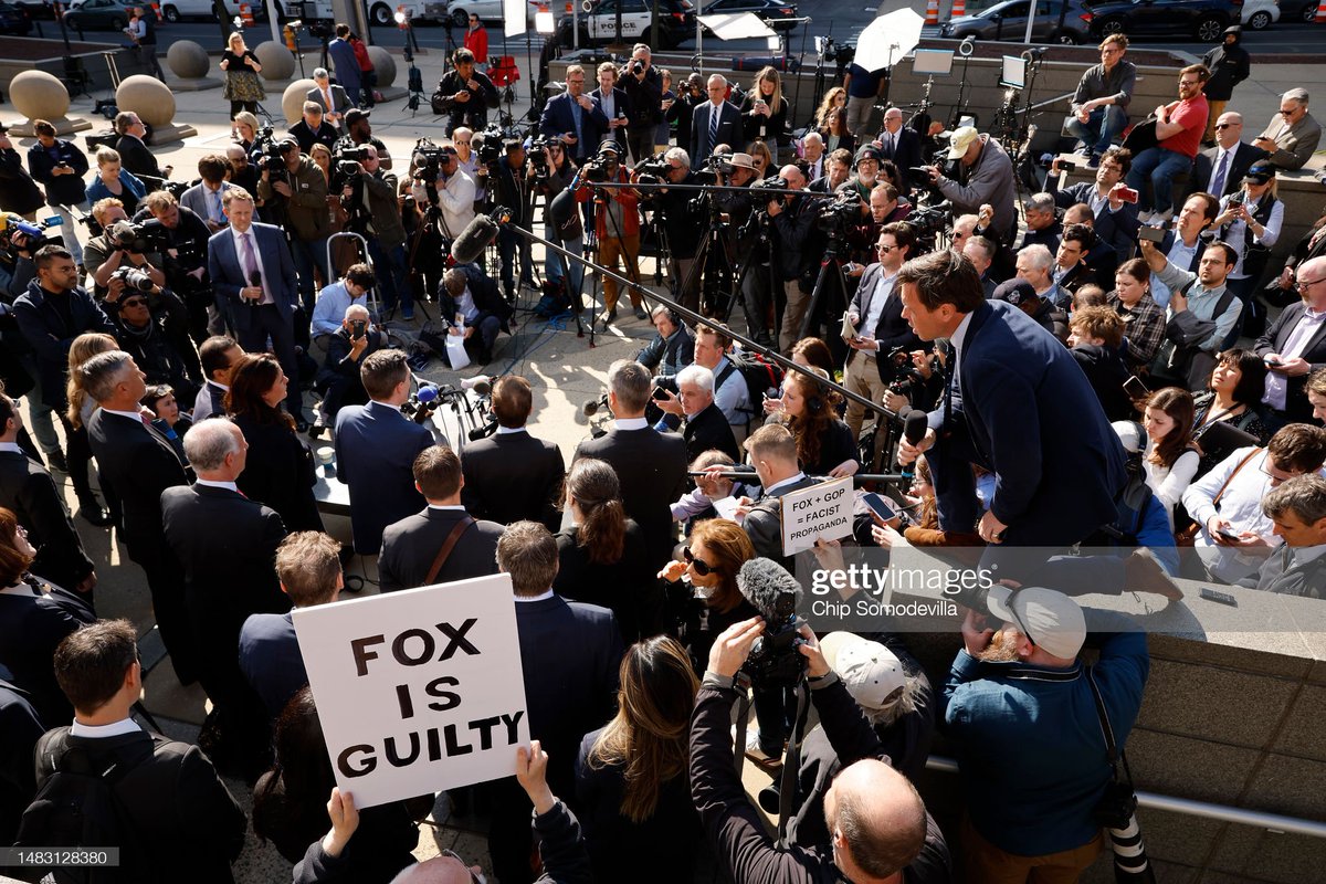 Lawyers for #DominionVotingSystems emerge from court and address the media after #FOXNews settled their defamation lawsuit for a reported $787.5 million just as the trial was set to begin 📷: @alexwongcw, @somogettynews