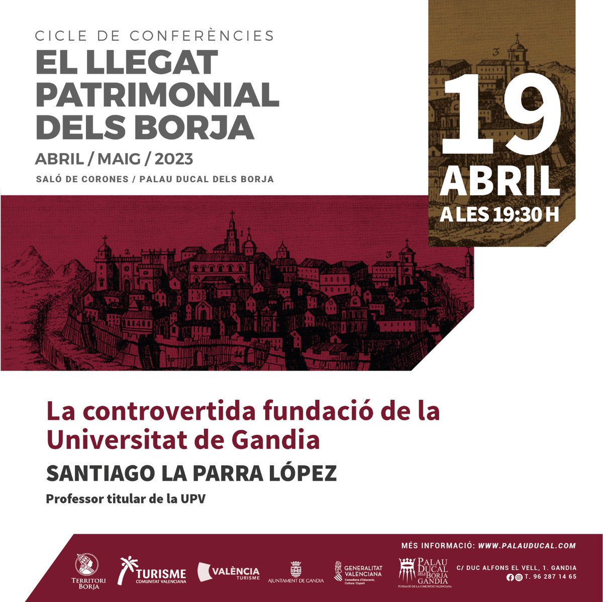 CEIC Alfons el Vell (@alfonselvell) on Twitter photo Demà dimecres 19 d'abril a les 19:30 continua el cicle de <a href="/PalauDucal/">Palau Ducal Gandia</a> sobre "El llegat patrimonial dels Borja". Santiago La Parra ens parlarà de la fundació de la Universitat de Gandia. Demà dimecres 19 d'abril a les 19:30 continua el cicle de <a href="/PalauDucal/">Palau Ducal Gandia</a> sobre "El llegat patrimonial dels Borja". Santiago La Parra ens parlarà de la fundació de la Universitat de Gandia.