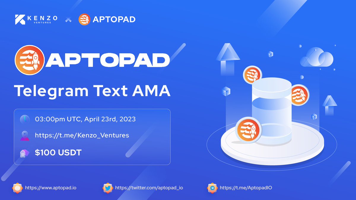 Kenzo_Labs's tweet photo. 🎙️We are pleased to announce our next #AMA with @aptopad_io 🎉

📆23rd April 2023 at 03:00 PM UTC

📍Venue: https://t.co/oL14vr7jsO

🎁$100 USDT to be won 5 Best questions &amp; 5 Free asking 

#RULES
🔹Follow @Kenzo_Ventures &amp; @aptopad_io 
🔹Like, RT &amp; Comment your Question. https://t.co/RfE1wN9XIS