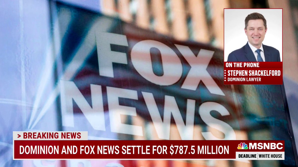 MSNOWNews's tweet photo. Live on MSNBC:

Dominion lawyer joins @nicolledwallace following historic $787.5M settlement with Fox News. https://t.co/RdYLvfuTRC https://t.co/TccTvO2TCd