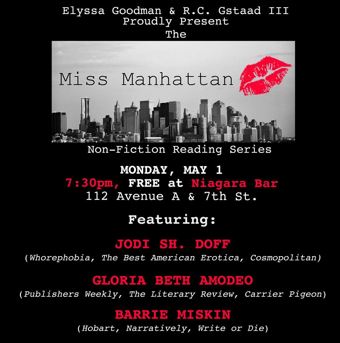 On Monday, May 1, join us at <a href="/NiagaraNYC/">Niagara</a> for the next edition of The Miss Manhattan Non-Fiction Reading starring the fabulous <a href="/jshdoff/">➡️ @jshdoff.bksy.social</a>, <a href="/gloriousbeth/">Gloria Beth Amodeo</a>, and <a href="/bmcintyre1000/">Barrie Miskin</a>! See you then 💋