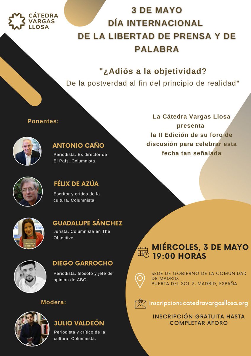 CVargasLlosa's tweet photo. La Cátedra Vargas Llosa presenta la II Edición de su foro de discusión para celebrar el día internacional de la libertad de prensa y de palabra. https://t.co/aPVuo1SXgB