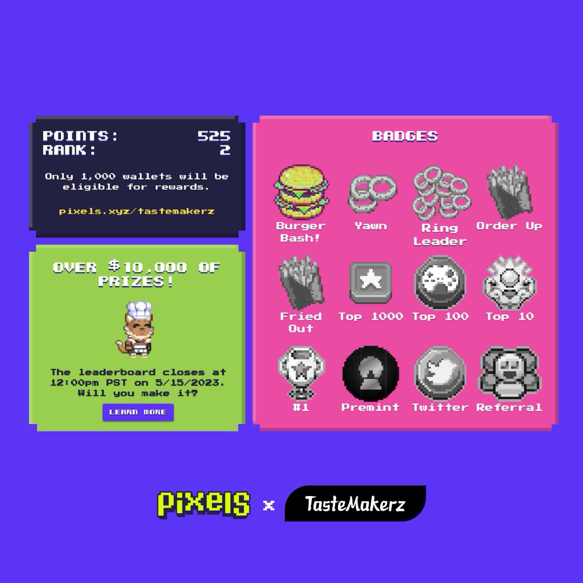 TasteMakerz_XYZ's tweet photo. 4/ Get to the Bored Burgers restaurant to begin the #TasteMakerz challenge with Wabi and E!
The key is to gain the highest position on the leaderboard, by completing as many tasks as possible in the quickest time, earning those badges! https://t.co/OqNW2n8imm