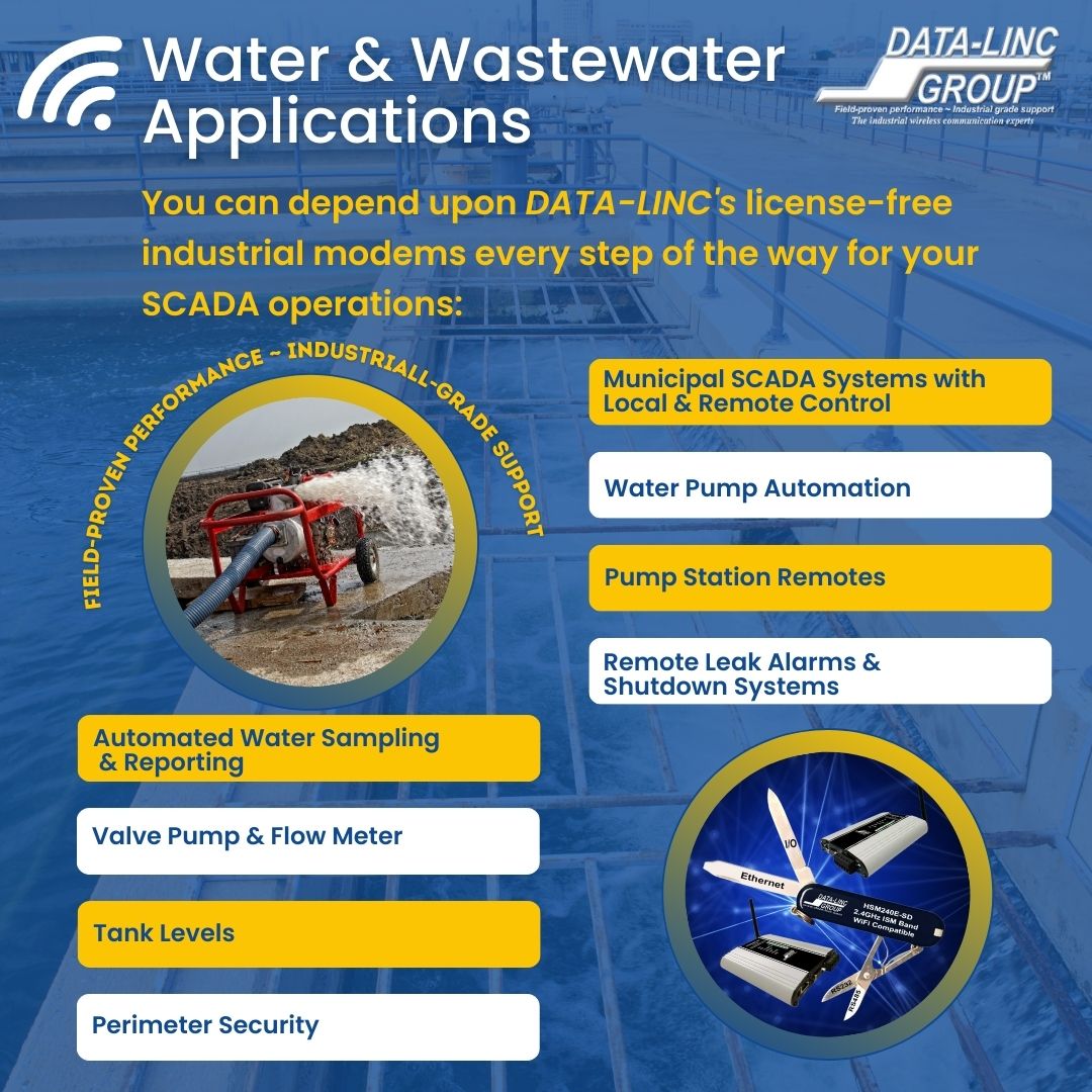 datalincgroup's tweet photo. Discover the power of license-free, wireless modems in the Water &amp; Wastewater industry! From real-time data analysis and remote monitoring to predictive maintenance &amp; optimized performance, learn more at https://t.co/NOpBdMLXSd. #automation #wireless #datatransfer https://t.co/fMgPI6Gok0