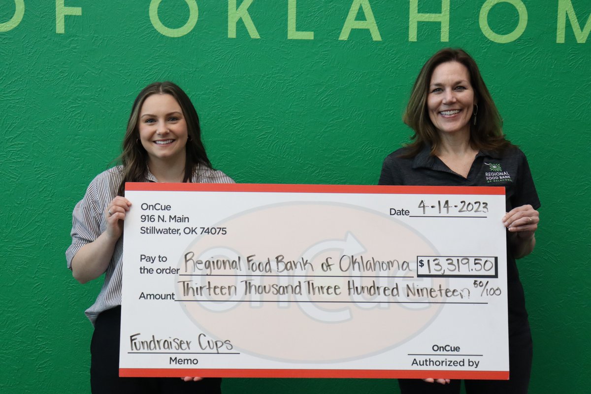 Regional Food Bank of Oklahoma (@rfbo) on Twitter photo We are so grateful to our friends at <a href="/oncueexpress/">OnCue Express</a> who once again chose the Regional Food Bank as a fundraiser cup recipient. A portion of proceeds from every fundraiser cup sold from January to March benefited the Regional Food Bank.
Thank you, <a href="/oncueexpress/">OnCue Express</a>! We are so grateful to our friends at <a href="/oncueexpress/">OnCue Express</a> who once again chose the Regional Food Bank as a fundraiser cup recipient. A portion of proceeds from every fundraiser cup sold from January to March benefited the Regional Food Bank.
Thank you, <a href="/oncueexpress/">OnCue Express</a>!