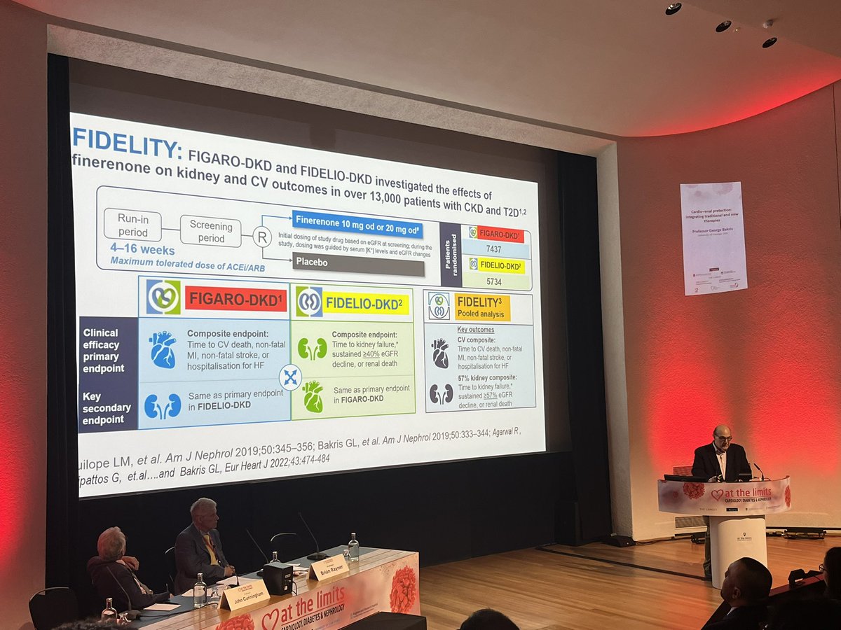 drmeallan's tweet photo. A FINE(renone) time with @BakrisGeorge advocating 4 pillars of #cardio protection for #CKD: RAAS blockade, SGLT2is, nonsteroidal MRAs and maybe GLP1RAs. Finerenone: no hyperK & even better with SGLT2i. Ensure prompt ⬆️dose & stay on Rx! #CDNATL23 https://t.co/09dc1SYt0F