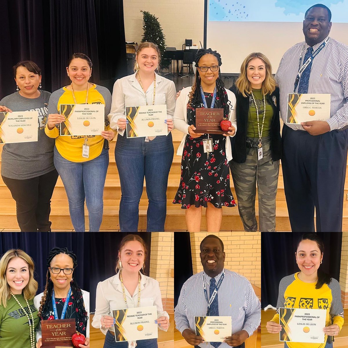 WhiteOak_MS's tweet photo. Congratulations to these award-winning Warriors! These staff members go above and beyond daily to make White Oak a better place for all staff and students, and we’re thrilled to announce they have one Staff member of the year! #woms_warriors #warriorsrise #warriorssucceed#ncisd # https://t.co/43nIRZycqq
