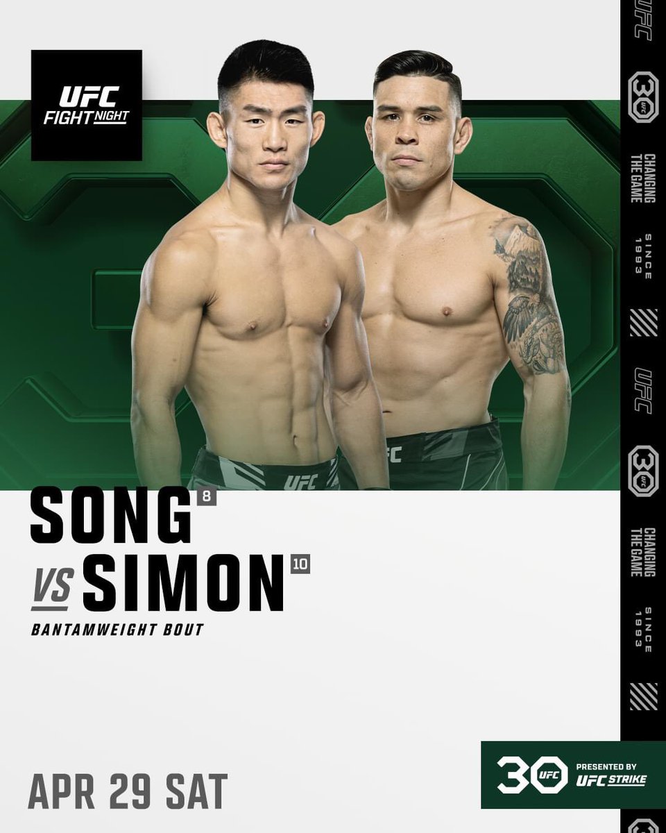 FqMMA's tweet photo. 🚨Coqs #UFC :
#SongYadong (8) 🆚 #RickySimon (10) déplacé en Main Event de #UFCVegas72 ‼️
📆 29 avril, Las Vegas
🔥🔥 https://t.co/8u8kvZFhnM