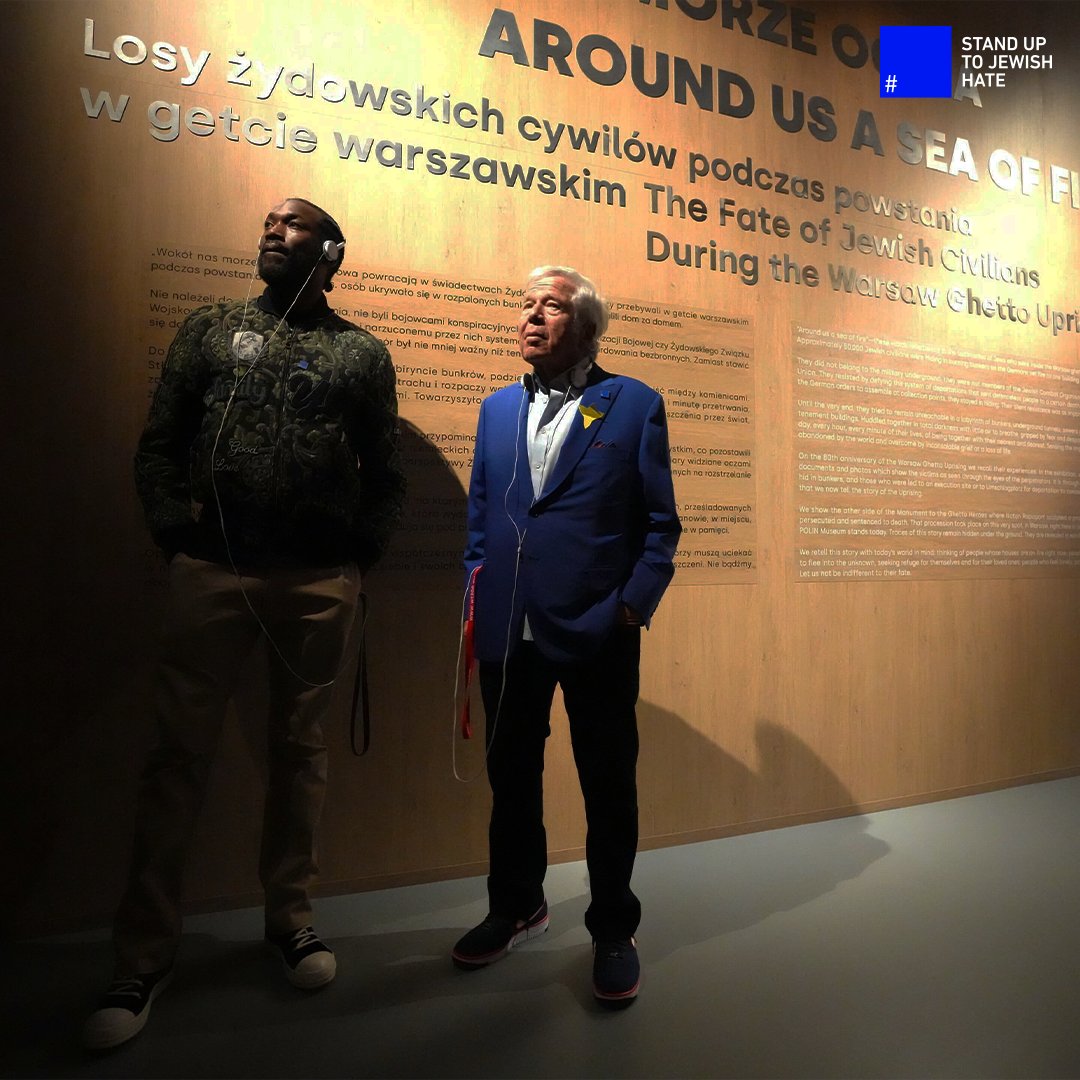 BlueSquare's tweet photo. Robert Kraft and his delegation, which included @meekmill, walked from Auschwitz to the Birkenau Concentration Camp in front of 10,000 others. Kraft also participated in events commemorating the 80th anniversary of the Warsaw Ghetto Uprising. #StandUpToJewishHate #🟦 https://t.co/tkuYuHZt23