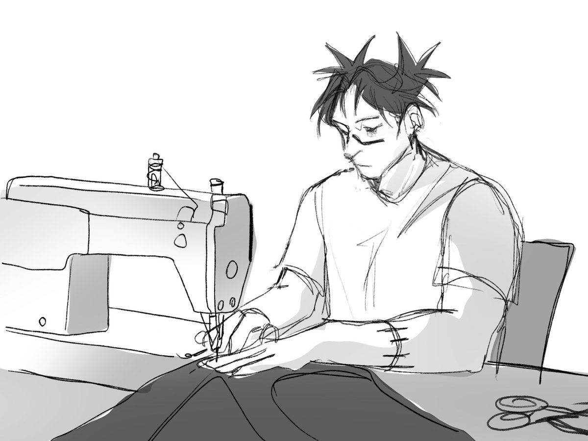vah_arina's tweet photo. I have headcanon that Choso’s vessel was a tailor, and since Choso has his memories, he also can sew. 
It’s the only explanation why he wears the same (very specific) clothes after previous ones were ruined, I can’t believe he just accidentally found exactly the same outfit https://t.co/cwH4FbDSs5