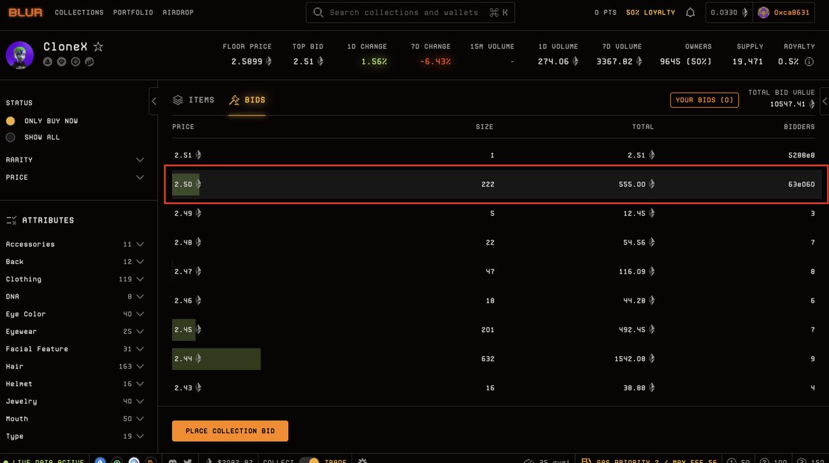 Don't panic sell your assets!

This wallet is setting a sell wall at 3.19 ETH of 120 clones and at the same time has a bid wall at 2.5 ETH  

Their goal here is to farm blur point &amp; cause panic sellers to accept the bids at a .69 discount of where their artificial sell wall is.