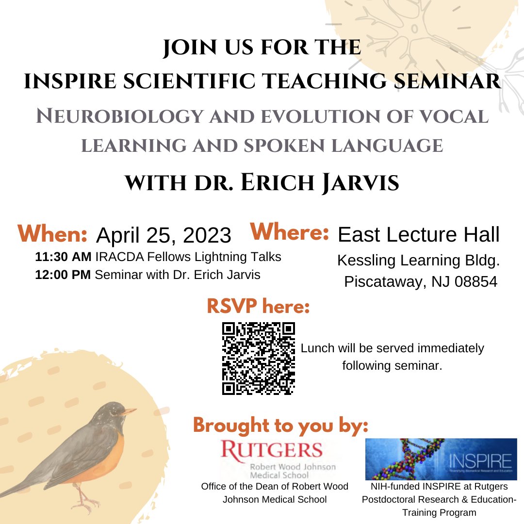 Rutgers IRACDA Inspire (@rutgers_iracda) on Twitter photo We are 1-week away from the INSPIRE Scientific Teaching Seminar with <a href="/erichjarvis/">Erich Jarvis</a> here at #Rutgers <a href="/RWJMS/">Rutgers RWJMedSchool</a>!
Interested in attending? RSVP here: tinyurl.com/INSPIREErichJa… We are 1-week away from the INSPIRE Scientific Teaching Seminar with <a href="/erichjarvis/">Erich Jarvis</a> here at #Rutgers <a href="/RWJMS/">Rutgers RWJMedSchool</a>!
Interested in attending? RSVP here: tinyurl.com/INSPIREErichJa…