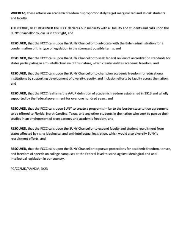 The FCCC stands with our Colleagues and Students, whose academic freedoms are under attack.

Resolution "Supporting Students and Faculty Faced with Rising Ideological and Anti-Intellectual Attacks on Academic Freedom" was passed on April 1, 2023
