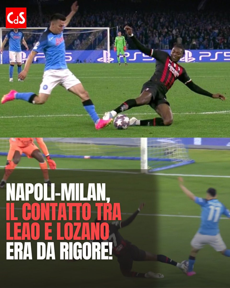 CorSport's tweet photo. Un errore grosso e grave lo commette l'arbitro polacco Marciniak durante la partita di Champions tra Napoli e Milan. L'arbitro decide di non assegnare il penalty. Un errore perché Leao in scivolata colpisce nettamente prima il piede sinistro del messicano, poi sfiora il pallone. https://t.co/slaMfGCRpI