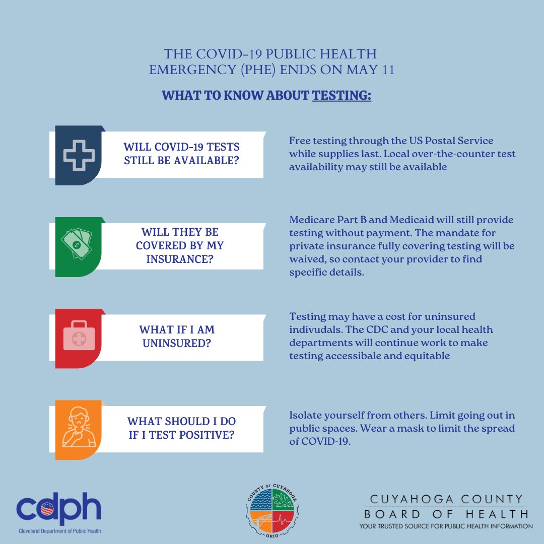 CleDPH's tweet photo. The COVID-19 Public Health Emergency ends on May 11. See the following infographic to learn more about how testing options may change #CDPH #CCBH #HealthyClevelandUnitedWeHeal https://t.co/jUHJhIRGAS