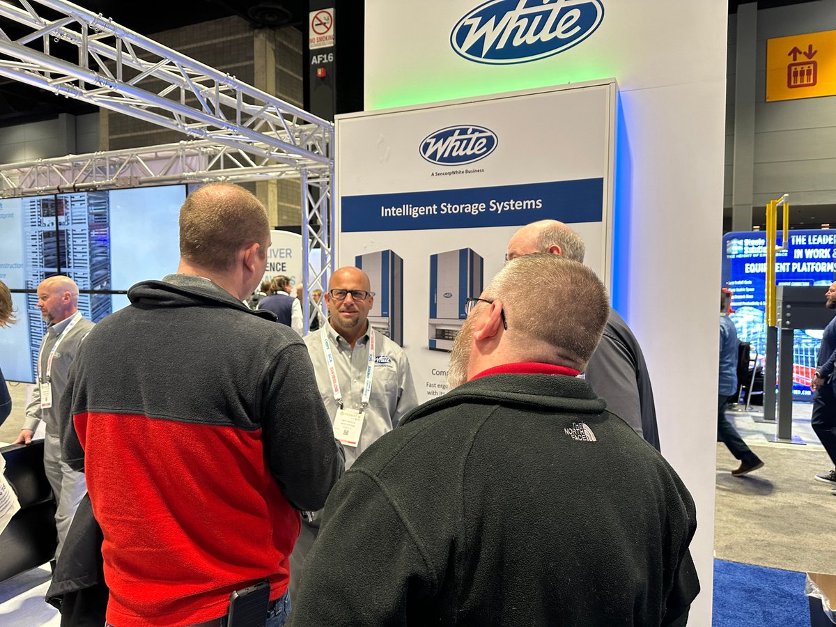 Matt Neville, White Systems Sales Manager, talked with booth visitors at ProMat 2023 on the importance of using #verticalliftmodules to increase storage density.
