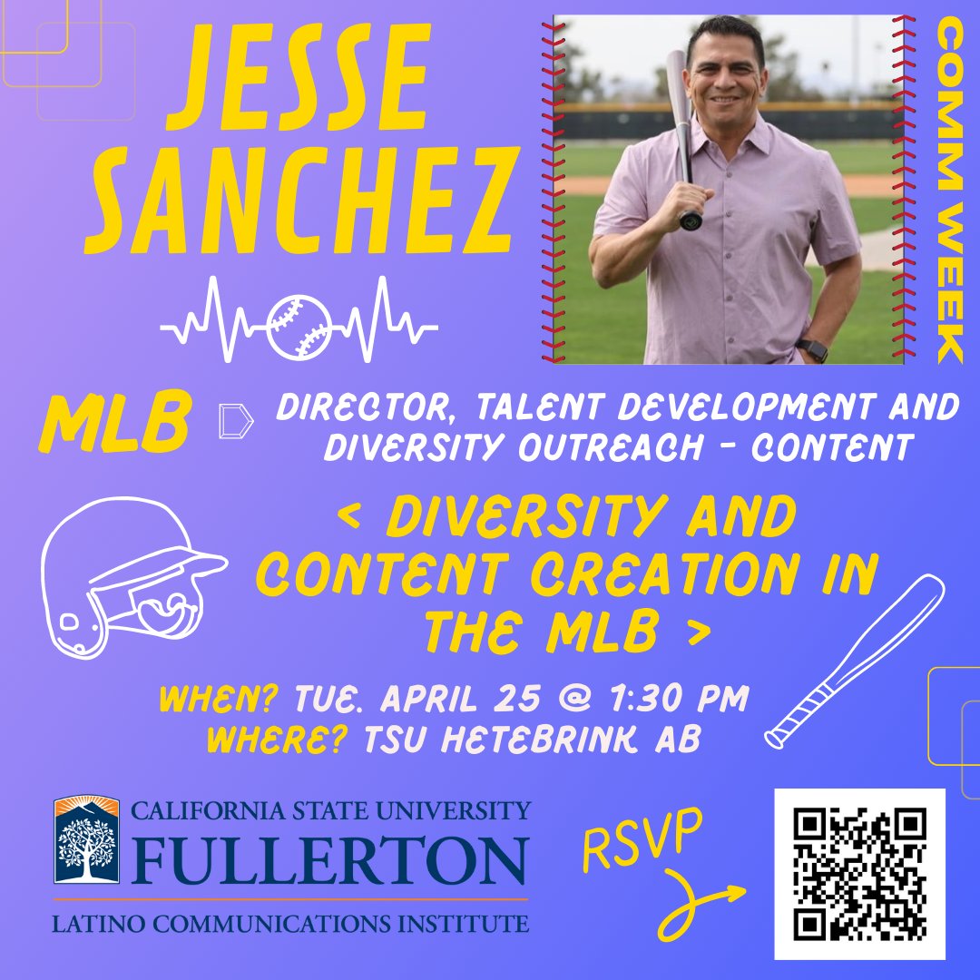 LCs!
Let us kick off Comm Week with <a href="/JesseSanchezMLB/">Jesse Sanchez</a>!

Jesse has worked with the MLB for 23 years! He serves as Director, Talent Development and Diversity Outreach for Content⚾

When? Tue. April 25 @ 1:30 p.m.
Where? Hetebrink AB

Sign up: forms.gle/v5Y3arg41S27z2…

See you there!