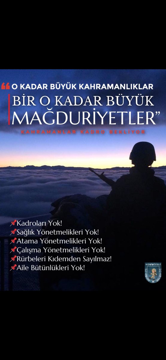 <a href="/osmanIiocakIari/">Osmanlı Ocakları🇹🇷Ocak Partisi</a> <a href="/OcakPartisi/">Ocak Partisi🇹🇷Osmanlı Ocakları</a> <a href="/alitilkici38/">Ali Tilkici 🇹🇷</a> <a href="/hasandogan/">Hasan Doğan</a> <a href="/RTErdogan/">Recep Tayyip Erdoğan</a> <a href="/Akparti/">AK Parti</a> <a href="/suleymansoylu/">Süleyman Soylu</a> 1.5 Milyon Uzman Çavuş ve Ailelerinin sesi bu;
-Kadromuz Yok
-Sicil Yönetmeliği Yok
-Sağlık Yönetmeliğimiz Yok
-Aile Bütünlüğümüz Yok
-Atama Yönetmeliğimiz Yok
#uzmançavuşlarmilletingönlünde