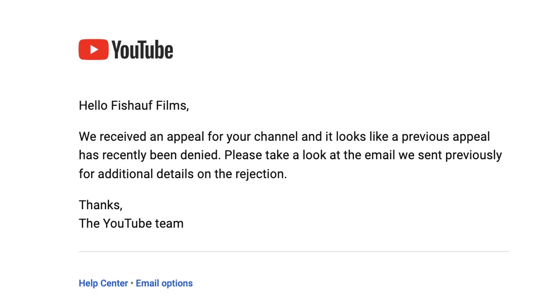 fishauf's tweet photo. @TeamYouTube I have 2 emails saying my appeal has been denied but if it's still open on your end that's interesting... what to do now? https://t.co/WiUWx7BcAF