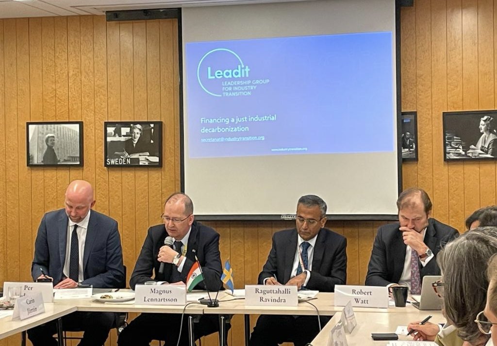 SwedenUN's tweet photo. At #LeadIT @UN #FFD2023 side event, 🇸🇪 and 🇮🇳 co-hosted round table dialogue with multilateral organizations, investors and LeadIT members, exploring funding for decarbonising heavy industry in the global south 🤝💡 https://t.co/jg9fzfJxaN