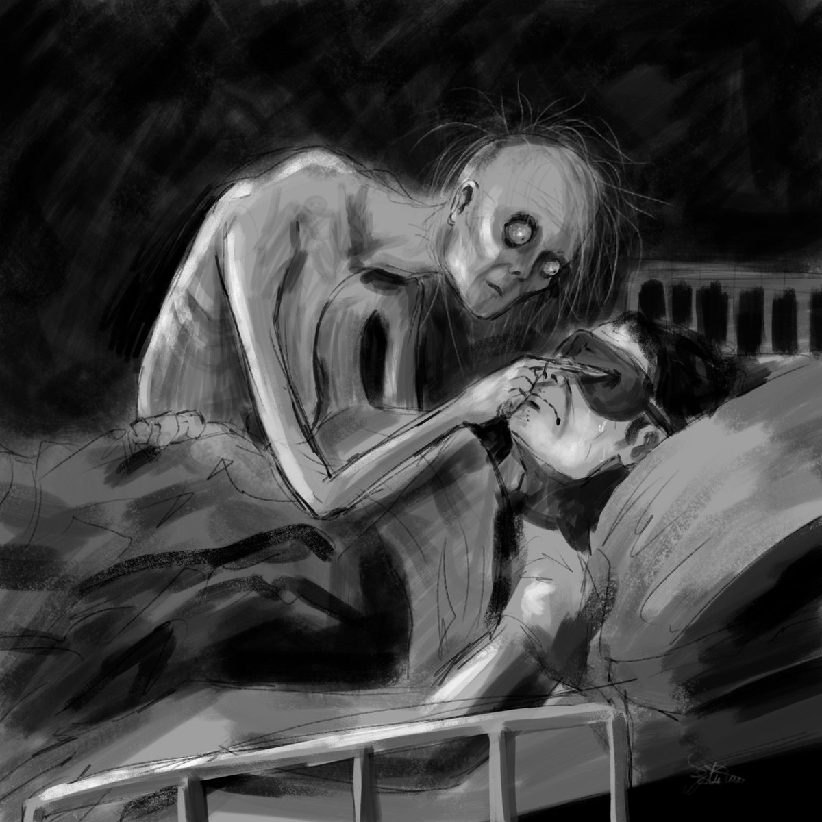 Chilling concept art of my story "Sleeping Blindfolded" from the upcoming book by <a href="/itstu_art/">stuts • commissions open</a> ! One of the many illustrations included in the back of Aggravated Flesh, which is available for preorder!
 amazon.com/dp/B0C1T4GP1J