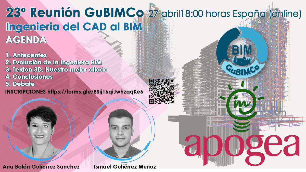 En nuestra 23 reunión <a href="/AnaBelenGutisan/">Ana Belen Gutierrez</a>  e Ismael Gutiérrez Muñoz de <a href="/apogeaBIM/">APOGEA</a> en compañia se <a href="/iMventa/">iMventa</a> nos contarán como han conseguido optimizar su proceso y convertirse en una ingenieria de referencia en el mundo de la edificación.
Inscribirte forms.gle/8Sij16qiJwhzqq…