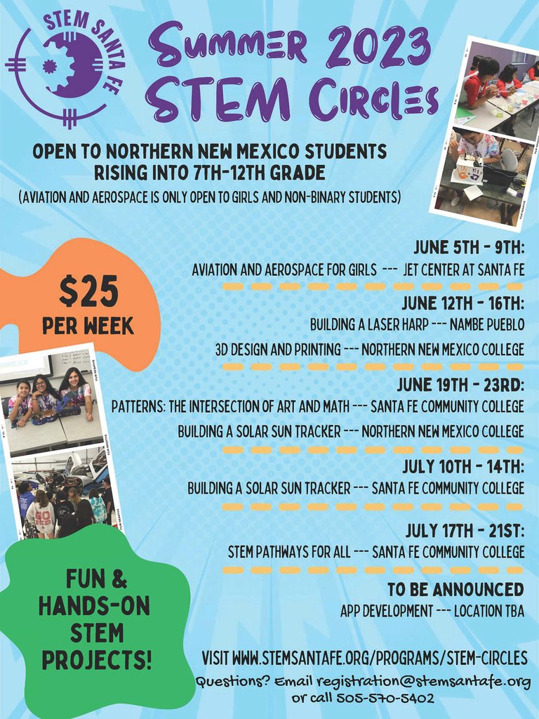 SFPSdistrict's tweet photo. STEM Santa Fe is offering some amazing hands-on projects for this Summer! Please see the attached flyers and sign up soon! https://t.co/Wjuwkir21R