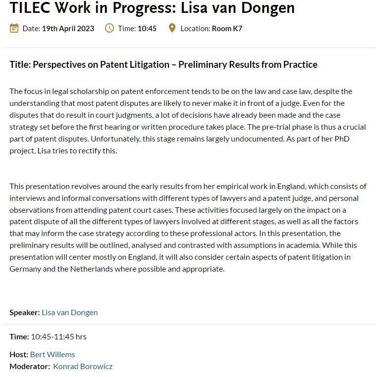 TILEC1's tweet photo. Today's #TILEC #WorkInProgess is on 'Perspectives on Patent Litigation – Preliminary Results from Practice' by Lisa van Dongen (@TILEC1, @TilburgU_TILT). 

📜:https://t.co/tE0vfwwPou

#LawSchool #AcademicChatter #AcademicTwitter #Research #Patents https://t.co/MKLLCWSmGG