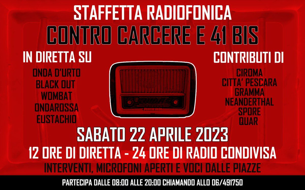 ahp68's tweet photo. #22Aprile 24 ore di staffetta radiofonica contro #carcere e #41bis
su @radiondadurto @rbo10525 @RadioWombatFi @Radiondarossa #RadioEustachio
con contributi e streaming di @RadioCiroma #RadioCittàPescara #RadioGramma #RadioNeanderthal #RadioSpore @RadioQuar https://t.co/siZNGSJOth https://t.co/UnxM0FESfF