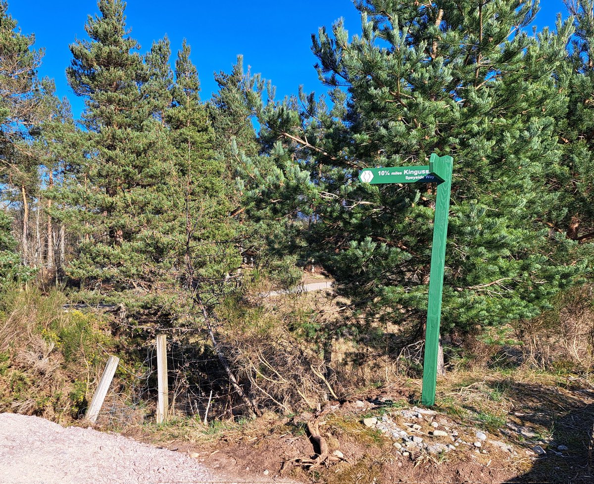 PennineRanger's tweet photo. @CNPRangers @cairngormsCEO  Whilst the new signage for #StrathspeyWay at Spey Bridge, #Kincraig is very nice, the track stops at a crash barrier, which in any case would be a pretty dangerous place to force users join a narrow road on a blind bend. What are your plans for this? https://t.co/l2X9wUmZFj