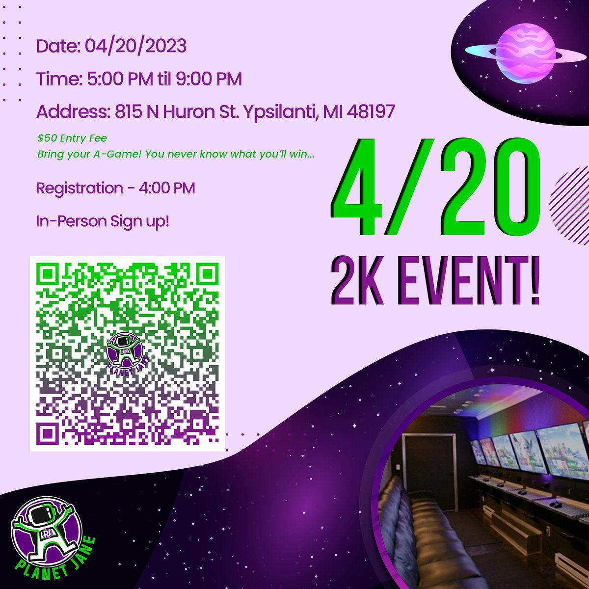 PlanetJane_'s tweet photo. Scan the QR code to sign up online or sign up in person at 4:00 PM!✅
Get your game on!!!🏀🎮🍃
#gaming #mobilegaming #planetjane #420 #420event #CannabisCommunity https://t.co/M3xQituZn5