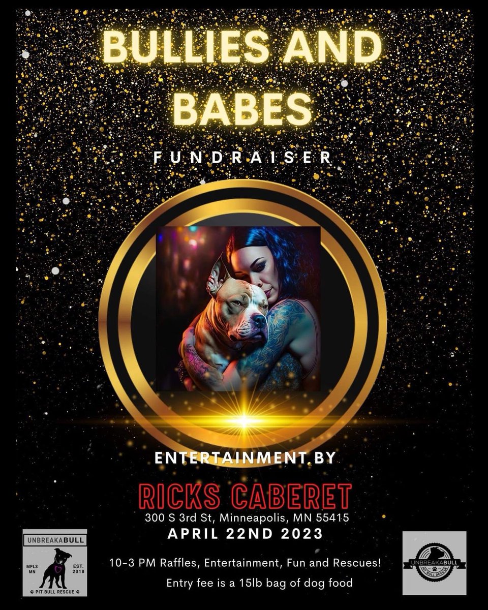 Ricks_Mpls's tweet photo. Bullies and Babes is just 4 days away! Join us for awesome prizes and to support an amazing cause! #party #fundraiser #savethedogs❤️ https://t.co/ZKHjtdJNmo