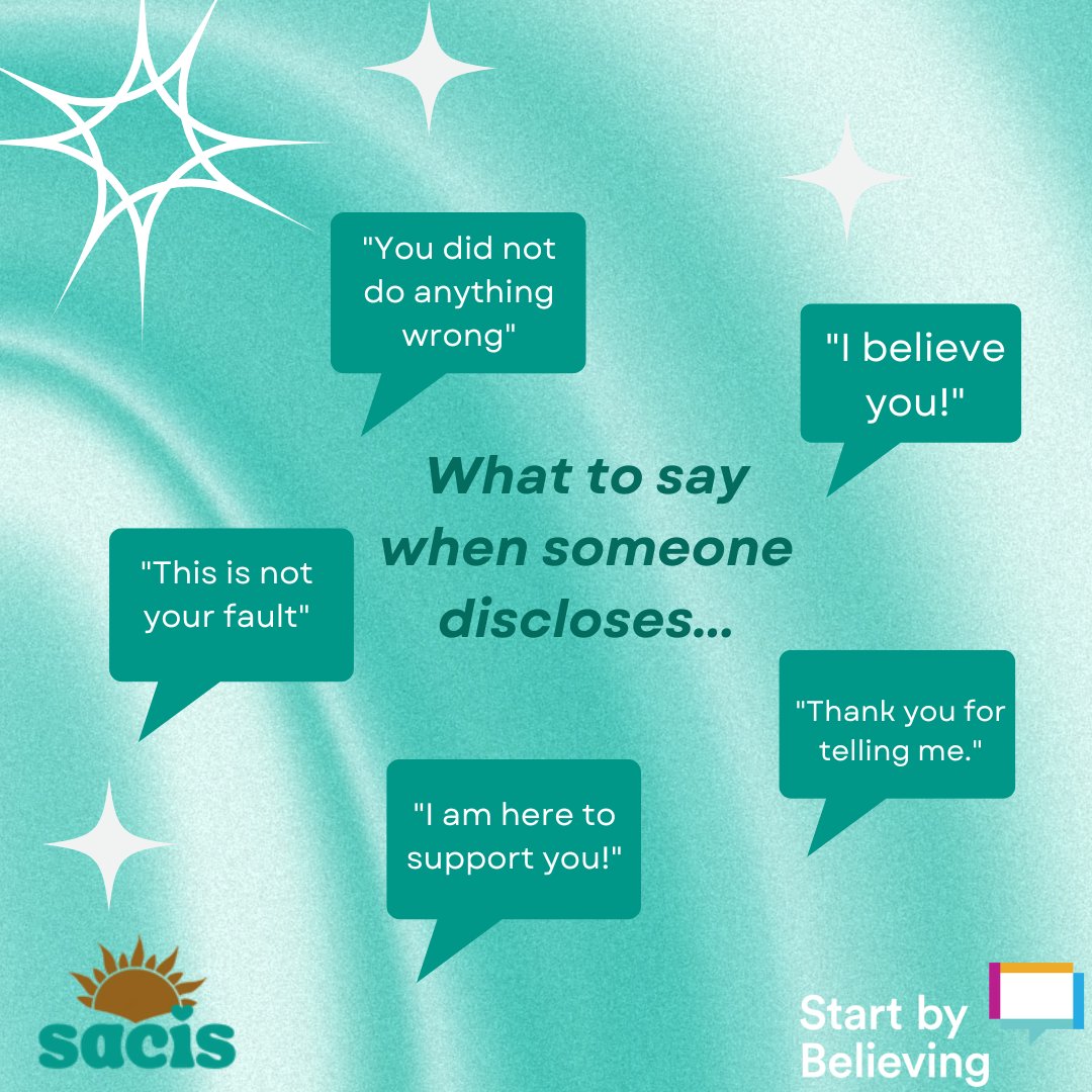 teamsacis's tweet photo. It's hard to know what to say when someone discloses sv to us- but we can always start by believing!
Take the pledge now: https://t.co/s96oUXYRXj
#startbybelieving #saam https://t.co/Vj5V90f9ck