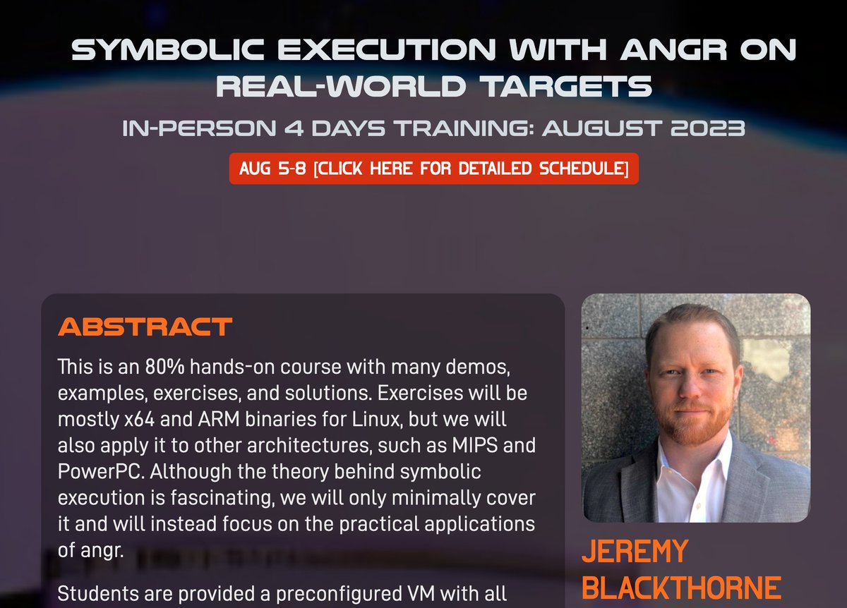 Have you still been putting off learning symbolic execution? Come to my training in Vegas. I'll get you started. ringzer0.training/trainings/symb… <a href="/_ringzer0/">ringzerø.training && @ringzer0@infosec.exchange</a> <a href="/US_CYBERCOM/">U.S. Cyber Command</a> <a href="/RPISEC/">RPISEC</a>