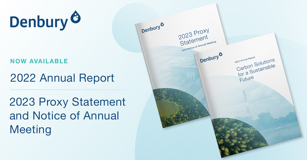 DenburyInc's tweet photo. Big Announcement! We released our 2022 Annual Report and 2023 Notice of Annual Meeting and Proxy Statement. We encourage you to review both reports which outline how we are delivering on our goal of providing Carbon Solutions for a Sustainable Future here: https://t.co/g9Waq7EGsZ https://t.co/IbBPUl4ZGh
