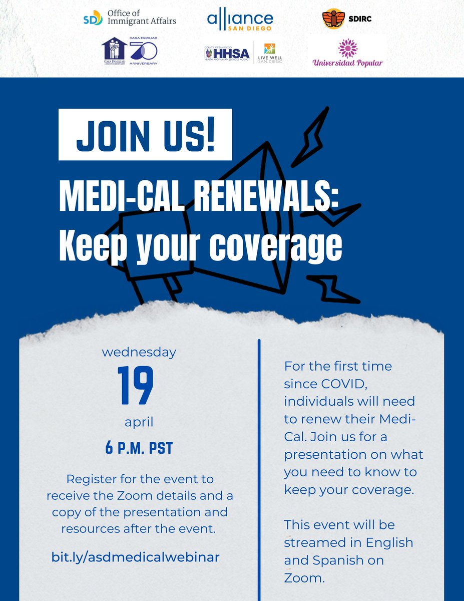 🗓️ Join us on Zoom tomorrow to find out if you need to renew your Medi-Cal coverage and the process to do so. Register: bit.ly/asdmedicalwebi… Translation available in Vietnamese, Dari, Cantonese, Russian, Spanish, Pashto, Haitian Creole, Somali, &amp; Arabic @AllianceSnDiego @SDIRC
