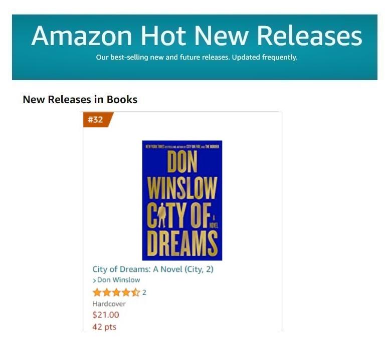 I can't believe this. 

City of Dreams is now #32 on Amazon's hot 100 new releases.

This is the best position of my career on <a href="/Amazon/">Amazon</a>'s hot new releases. 

It only took 69 years and 25+ books!