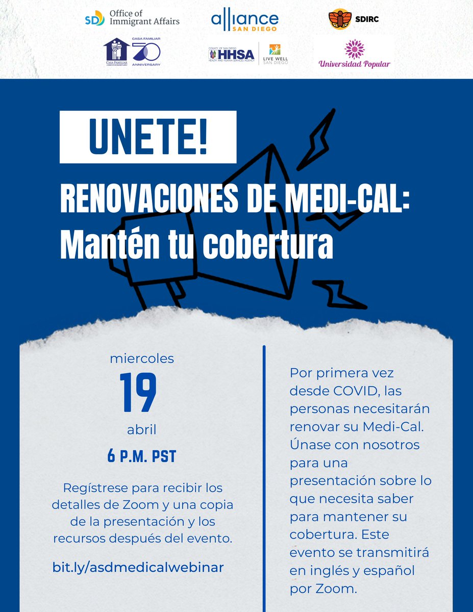 🗓️ Únase con nosotros mañana (miércoles, 19 de abril a las 6:00 PM) durante una presentación en Zoom sobre lo que necesita saber para mantener su cobertura de Medi-Cal. Regístrese aquí: bit.ly/asdmedicalwebi… @AllianceSnDiego @SDIRC <a href="/SDCountyHHSA/">SD HHSA</a> <a href="/CasaFamiliar/">Casa Familiar</a>