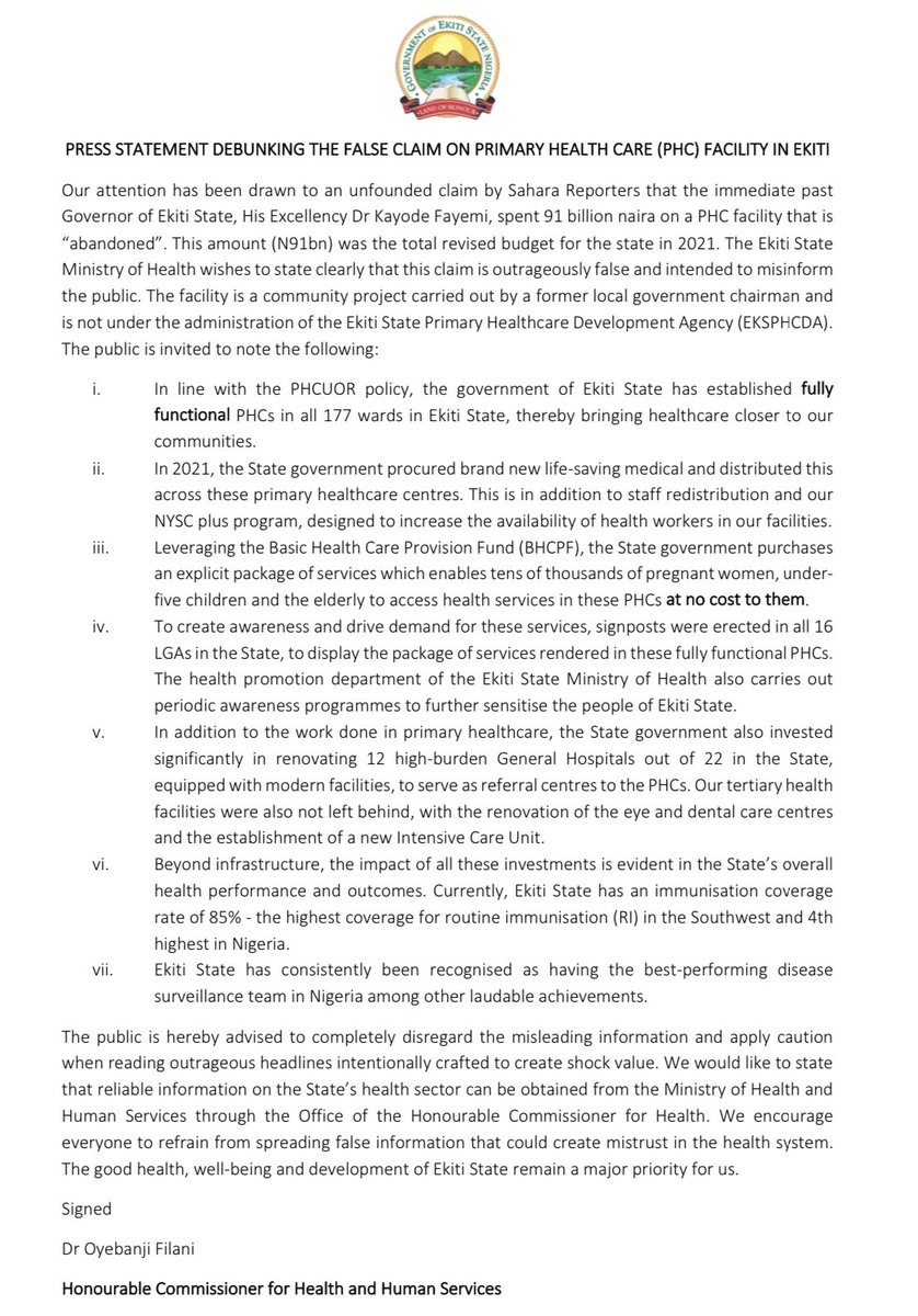 Ulera_Ekiti's tweet photo. PRESS STATEMENT DEBUNKING THIS FALSE CLAIM ON A PRIMARY HEALTH CARE (PHC) FACILITY IN EKITI STATE

👇🏽 https://t.co/gRiQDcDA42