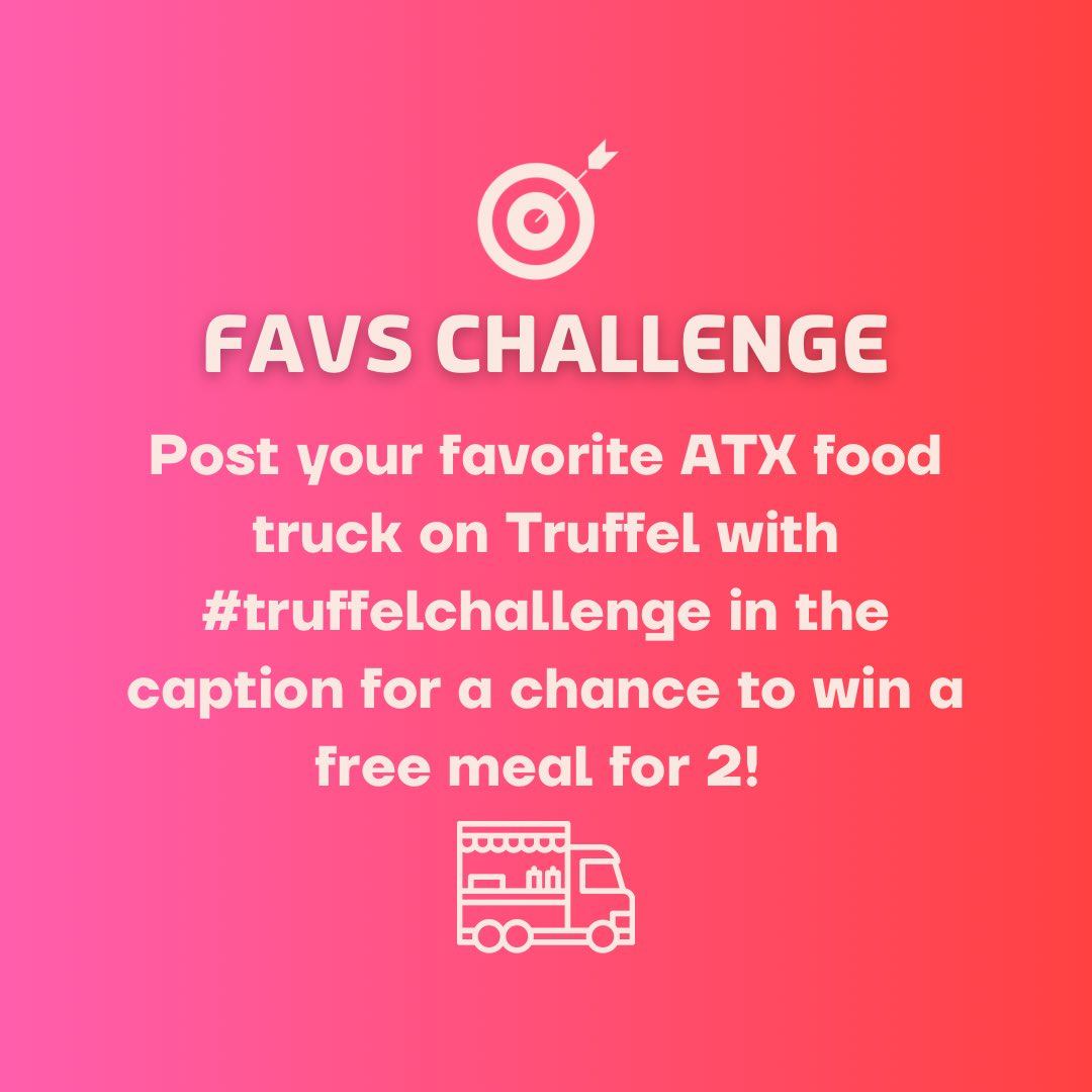 TruffelTalk's tweet photo. 🎯 FAVS CHALLENGE TUESDAY 🎯

Post your favorite ATX food truck on Truffel with #truffelchallenge in the caption for a chance to win a free meal for 2! 🍽️ ($15 value each, total not to exceed $30. Will be paid out in the form of an eGift card.)

#austin #texas #truffel #foodtruck https://t.co/42kNy9imA6