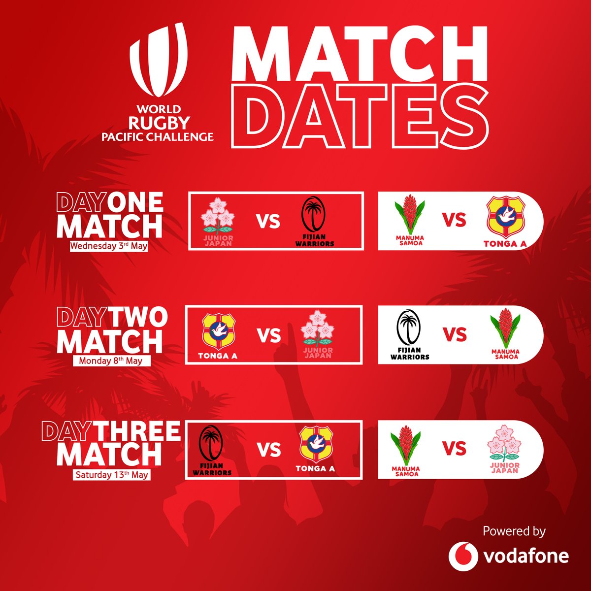 VodafoneSamoa's tweet photo. World Rugby Pacific Challenge Match Dates !!
π° Wednesday 3rd May
π° Monday 8th May
π° Saturday 13th May
Exciting times ahead! π₯³ππ
#WRPC #PoweredByVodafone #LakapiSamoa https://t.co/yKapynOlL3