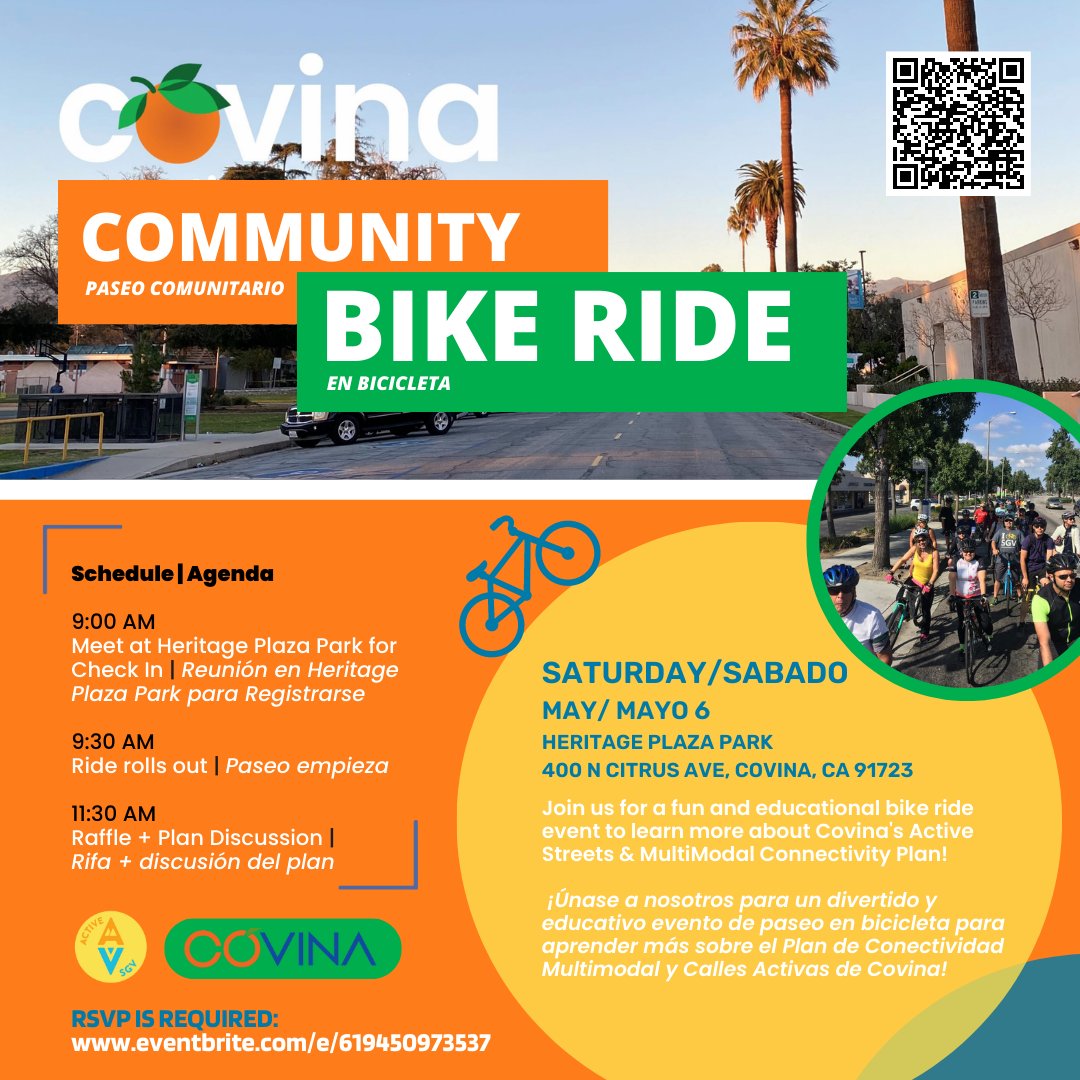 ActiveSGV's tweet photo. ππ² Covina & SGV community! Join our bike ride on May 6th & explore the CASMCP for a sustainable transportation future! π±
#GoSGV has 12 e-bike reservations available, so reserve your spot today!π΄ββοΈ
π Sign up: https://t.co/BkFgVJFu5I
@CityofCovina https://t.co/wofBR7WVdQ
