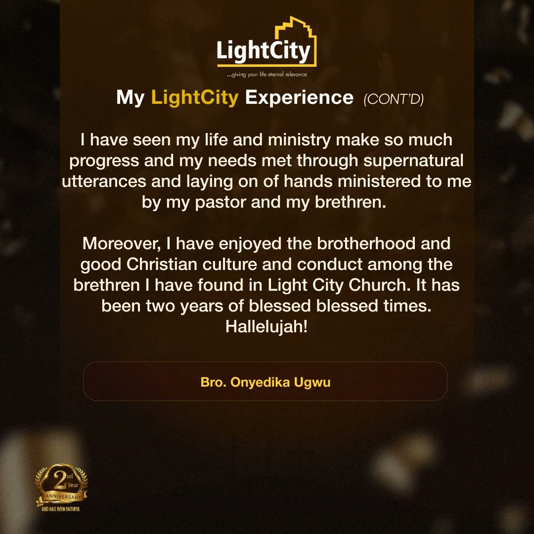 the_lightcity's tweet photo. My LightCity Experience by Bro Onyedika Ugwu.
It's been 2 years of God's faithfulness and we are totally grateful to God for how far he has brought us.
#mylightcityexperience
#2yearsanniversary
#testimonies
#2YA
#lightcitychurch
#churchinenugu
#explore https://t.co/9jYQTLeU5v