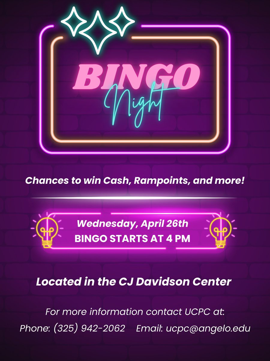 Join UCPC for one last fun evening of making friends, playing some Bingo, and winning some awesome prizes! 🤩 

Swing by the C.J. Davidson next Wednesday for our final installment of Bingo and the chance to win cash, Rampoints, and more! 💰