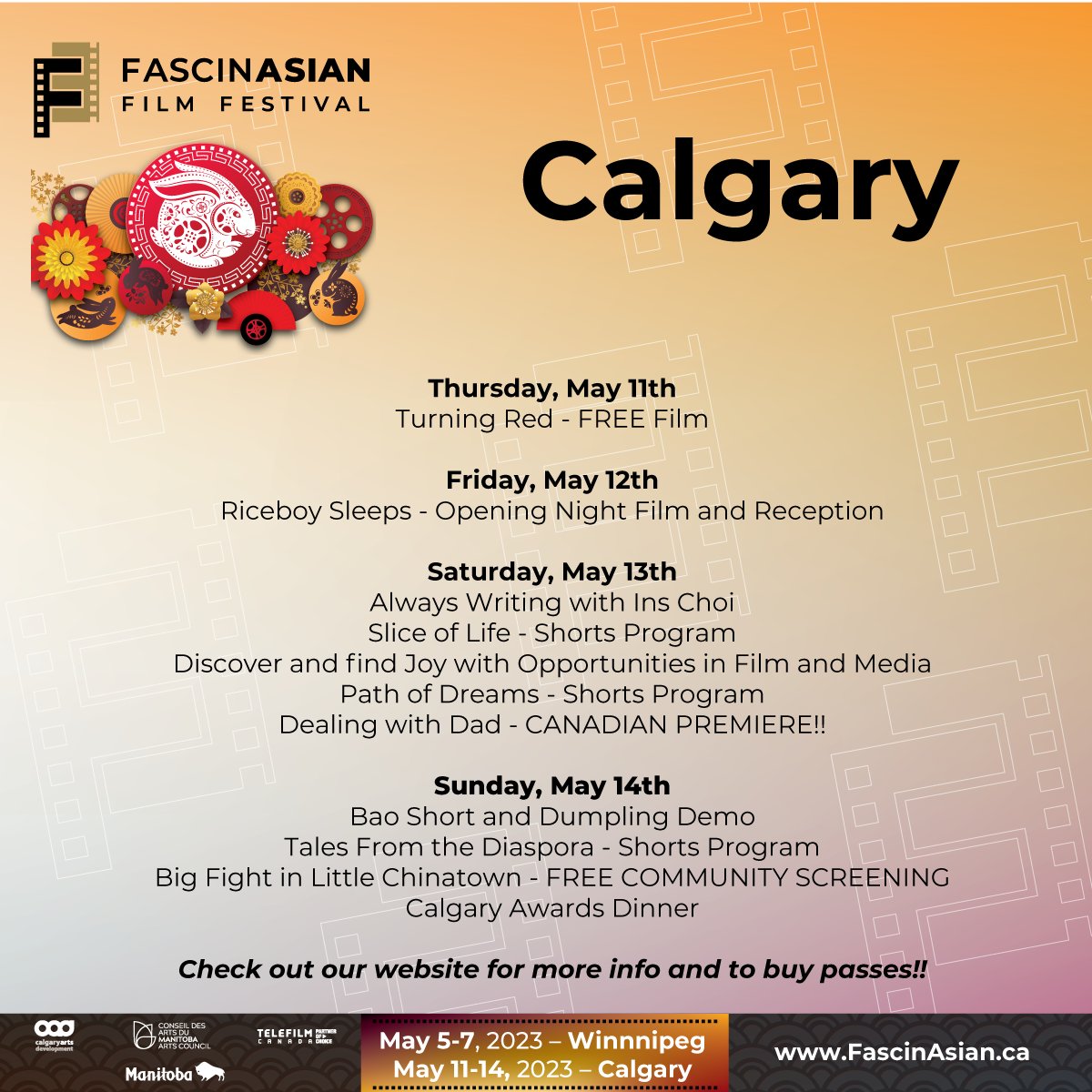 FascinAsianFF's tweet image. 𝐅𝐚𝐬𝐜𝐢𝐧𝐀𝐬𝐢𝐚𝐧 𝟐𝟎𝟐𝟑 Full Festival Schedule &amp;amp; Box Office - NOW OPEN!!!   

𝐂𝐀𝐋𝐆𝐀𝐑𝐘: May 11 - 14    

👉More details &amp;amp; get your tickets: fascinasian.ca/calgary 

#fascinasianfilmfestival #filmfestivalcanada #filmfestival #Asianfilmfestival #albertafilmfestival